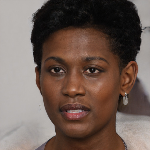 Neutral black young-adult female with short  brown hair and brown eyes