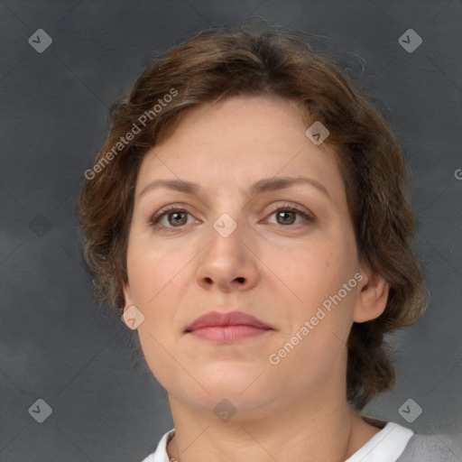 Neutral white adult female with medium  brown hair and brown eyes