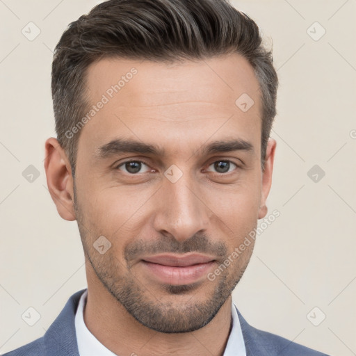 Joyful white young-adult male with short  brown hair and brown eyes