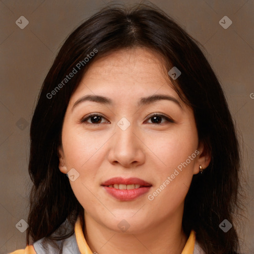 Joyful white young-adult female with medium  brown hair and brown eyes