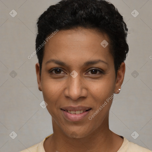 Joyful latino young-adult female with short  brown hair and brown eyes