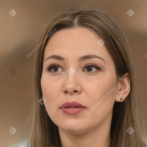 Neutral white young-adult female with long  brown hair and brown eyes