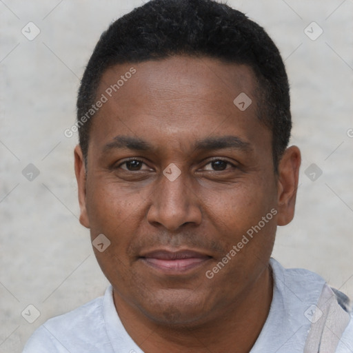 Joyful black adult male with short  black hair and brown eyes