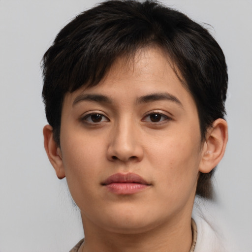 Neutral asian young-adult female with short  brown hair and brown eyes