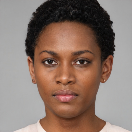 Neutral black young-adult female with short  black hair and brown eyes