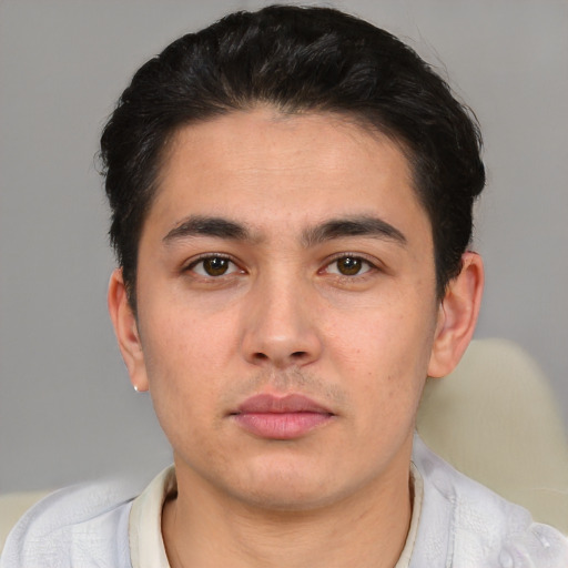 Neutral white young-adult male with short  black hair and brown eyes