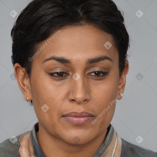 Joyful latino young-adult female with short  brown hair and brown eyes