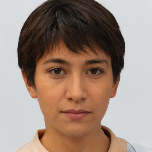 Neutral asian young-adult female with short  brown hair and brown eyes