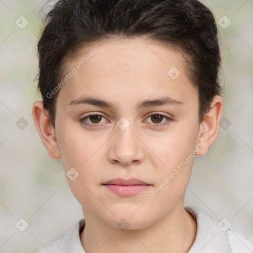 Neutral white young-adult female with short  brown hair and brown eyes