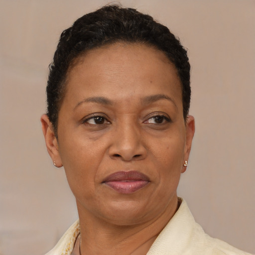 Joyful latino adult female with short  brown hair and brown eyes