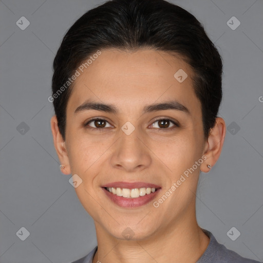 Joyful white young-adult female with short  brown hair and brown eyes