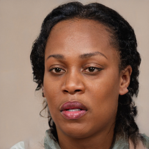 Neutral black adult female with medium  black hair and brown eyes