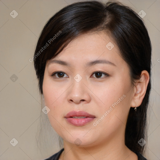 Joyful white young-adult female with medium  brown hair and brown eyes