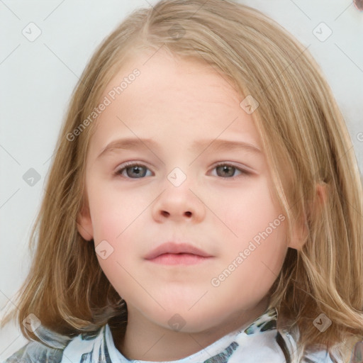 Neutral white child female with medium  brown hair and blue eyes