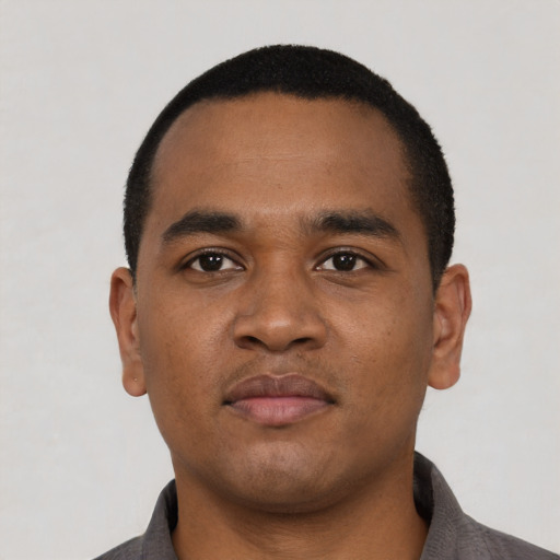 Neutral black young-adult male with short  black hair and brown eyes