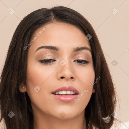 Joyful asian young-adult female with long  brown hair and brown eyes