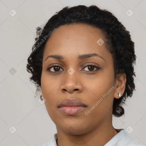 Neutral black young-adult female with short  black hair and brown eyes