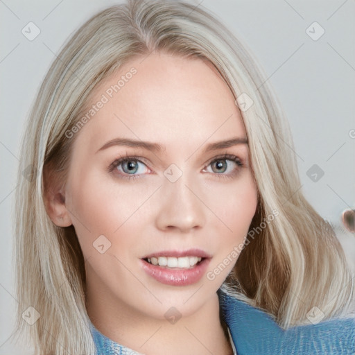 Joyful white young-adult female with medium  brown hair and blue eyes