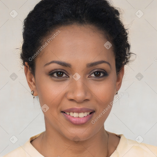 Joyful latino young-adult female with short  brown hair and brown eyes