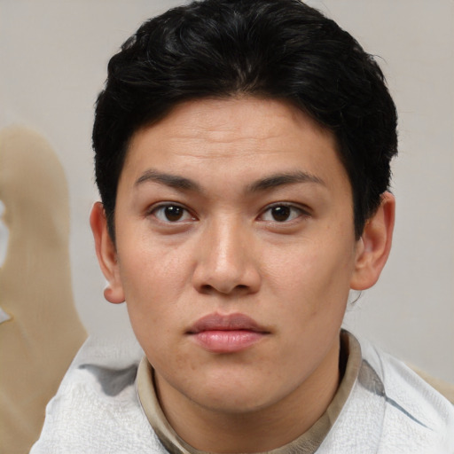 Neutral asian young-adult female with short  brown hair and brown eyes