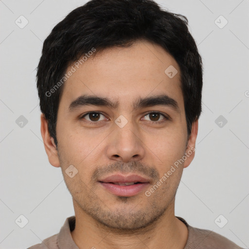 Neutral asian young-adult male with short  black hair and brown eyes