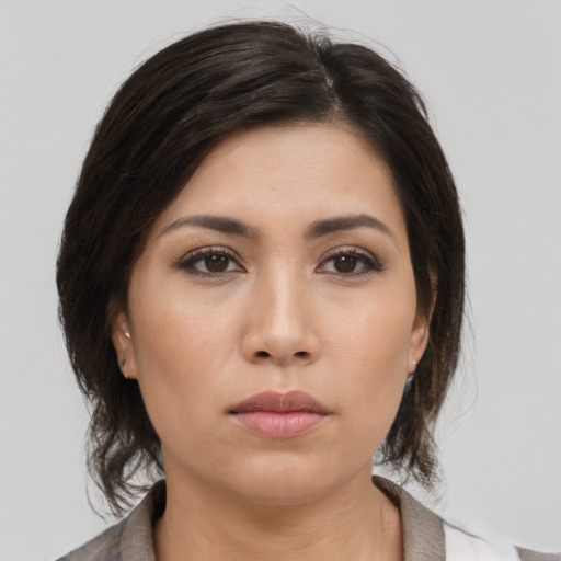 Neutral asian young-adult female with medium  brown hair and brown eyes