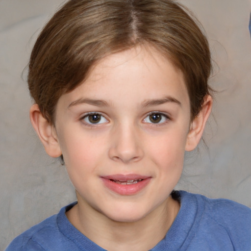 Joyful white child female with medium  brown hair and brown eyes