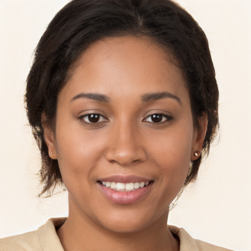 Joyful white young-adult female with medium  brown hair and brown eyes