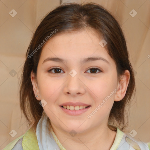 Joyful white child female with medium  brown hair and brown eyes