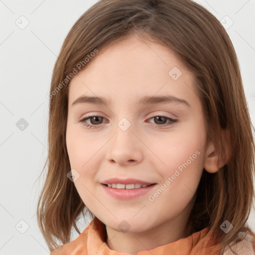 Joyful white child female with medium  brown hair and brown eyes