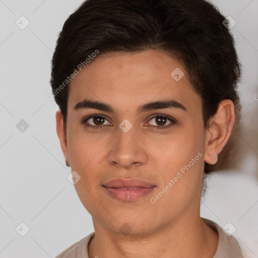 Joyful white young-adult female with short  brown hair and brown eyes