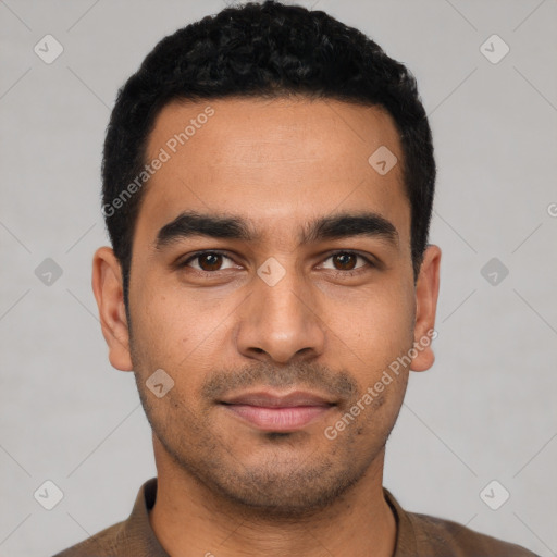 Neutral latino young-adult male with short  black hair and brown eyes