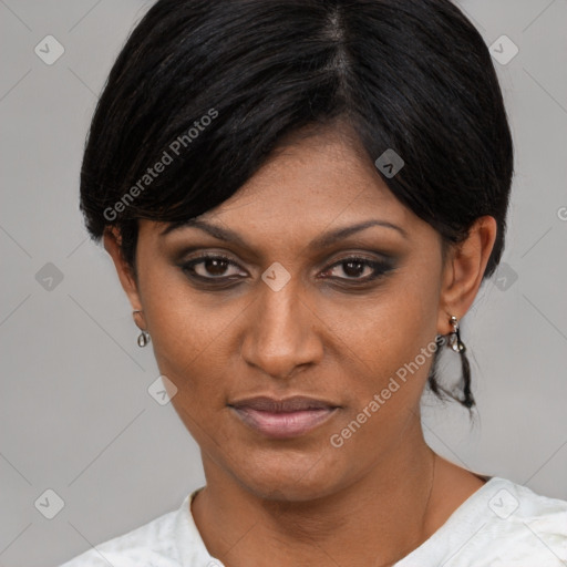 Joyful asian young-adult female with medium  black hair and brown eyes