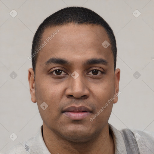 Neutral latino young-adult male with short  black hair and brown eyes