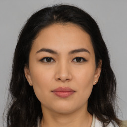 Neutral asian young-adult female with long  brown hair and brown eyes