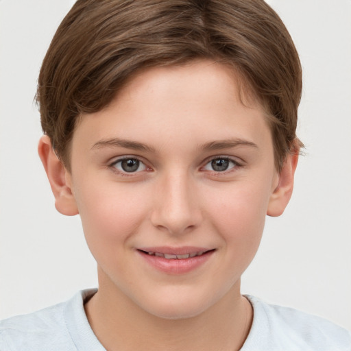 Joyful white child female with short  brown hair and brown eyes