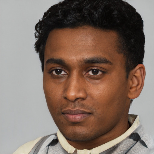 Neutral black young-adult male with short  black hair and brown eyes