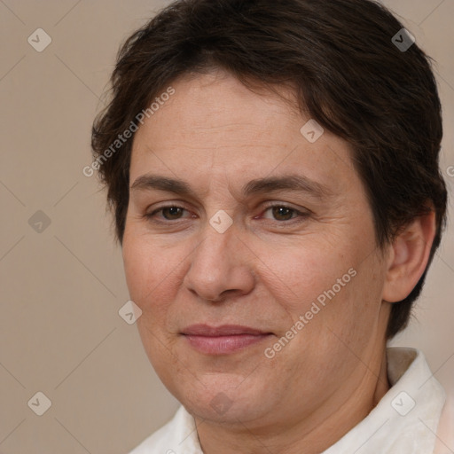 Joyful white adult female with short  brown hair and brown eyes