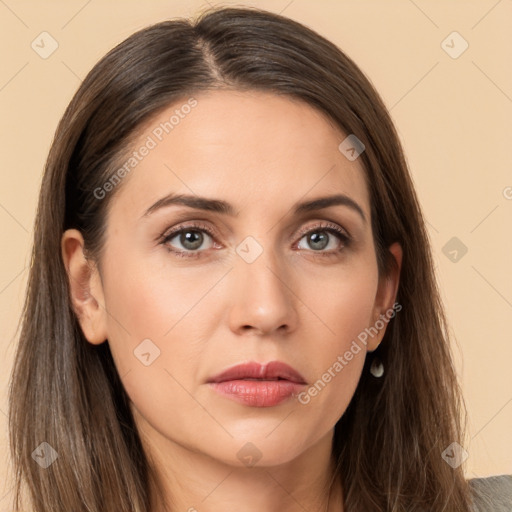 Neutral white young-adult female with long  brown hair and brown eyes