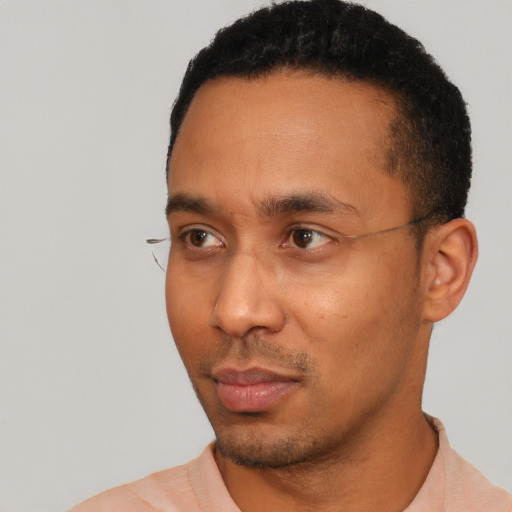Neutral black young-adult male with short  black hair and brown eyes