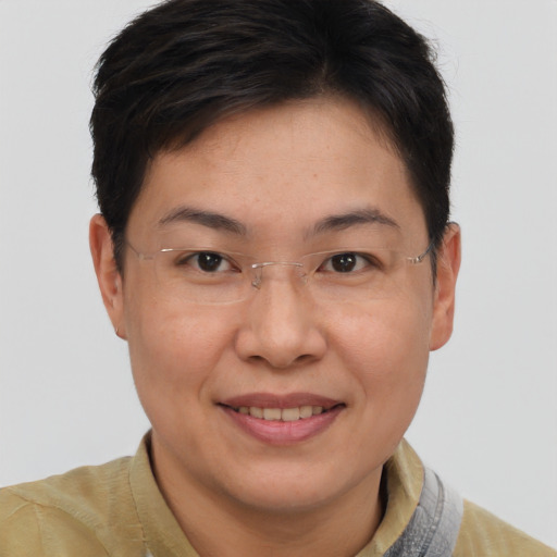 Joyful asian adult female with short  brown hair and brown eyes