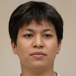 Neutral asian young-adult female with short  brown hair and brown eyes