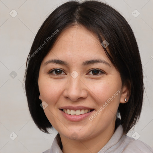 Joyful white adult female with medium  brown hair and brown eyes