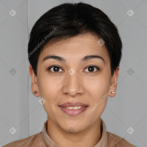 Joyful white young-adult female with short  brown hair and brown eyes