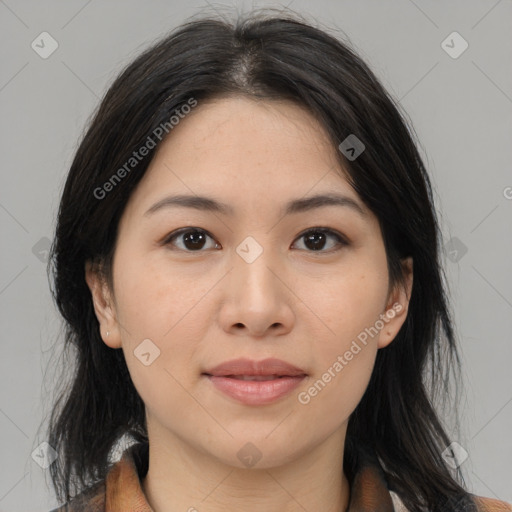 Joyful asian young-adult female with medium  brown hair and brown eyes