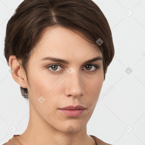 Neutral white young-adult female with short  brown hair and brown eyes