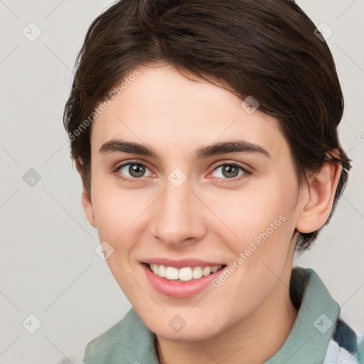 Joyful white young-adult female with medium  brown hair and brown eyes