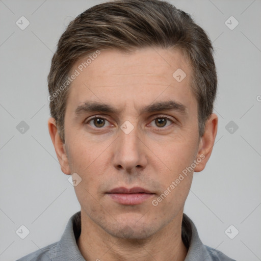 Neutral white adult male with short  brown hair and brown eyes