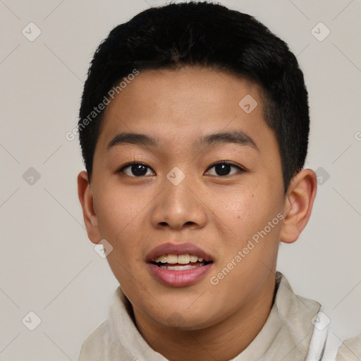 Joyful asian young-adult male with short  black hair and brown eyes