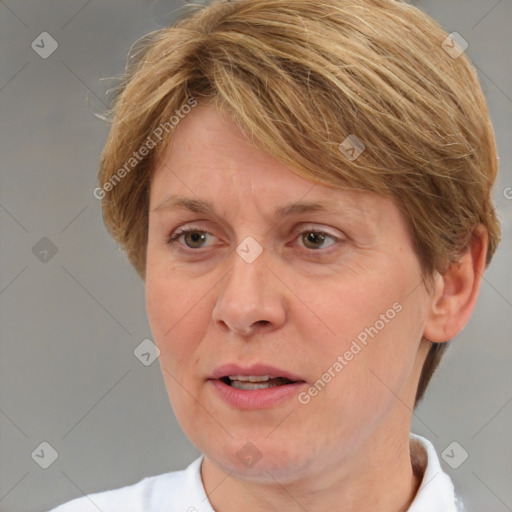 Joyful white adult female with medium  brown hair and blue eyes